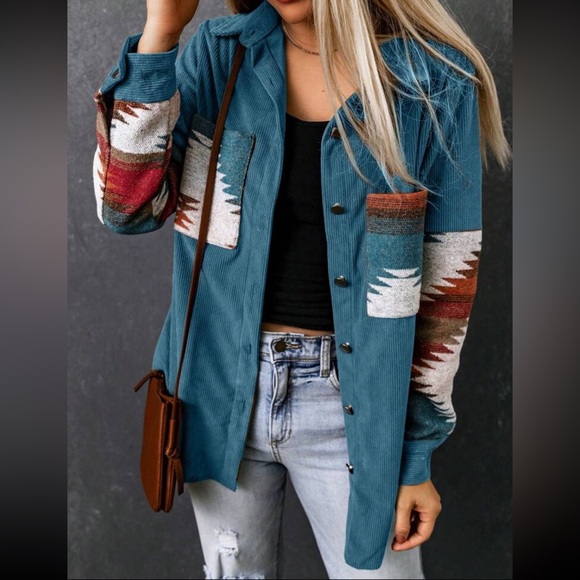 Cozy Boho Oversized Aztec Print Pocket Corduroy Jacket Shacket Button Down Shirt - Picture 3 of 7